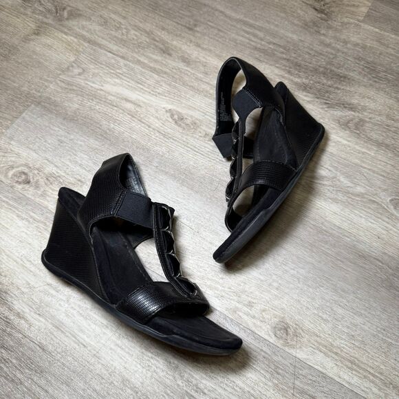 Anne Klein Sport Black AK Lofty Black Wedge Heels with Rectangle Gems - size 6.5 - Picture 2 of 5